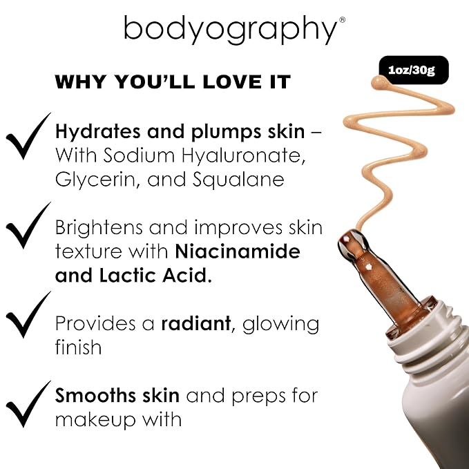 Bodyography Radiant Glow Primer + Niacinamide | Hydrating Makeup Primer with Light-Reflecting Pearls & Hyaluronic Acid | Silicone-Free Face Primer for a Long-Lasting Base