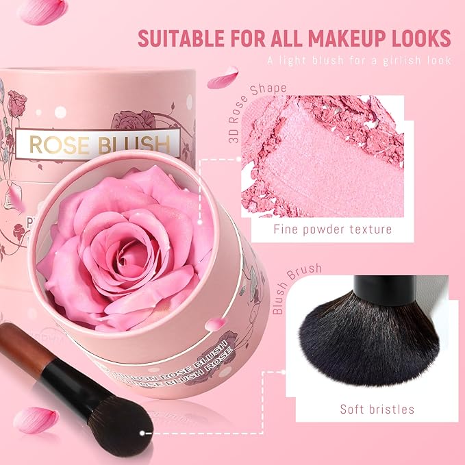 3D Rose Petal Blush for Cheeks, Soft Pink Cream to Powder Flower Blush Makeup Gift for Women, Natural Nude Dewy Finish Shimmer Buildable Face Rouge Rubor Highlighter Contour Makeup-Soft Pink