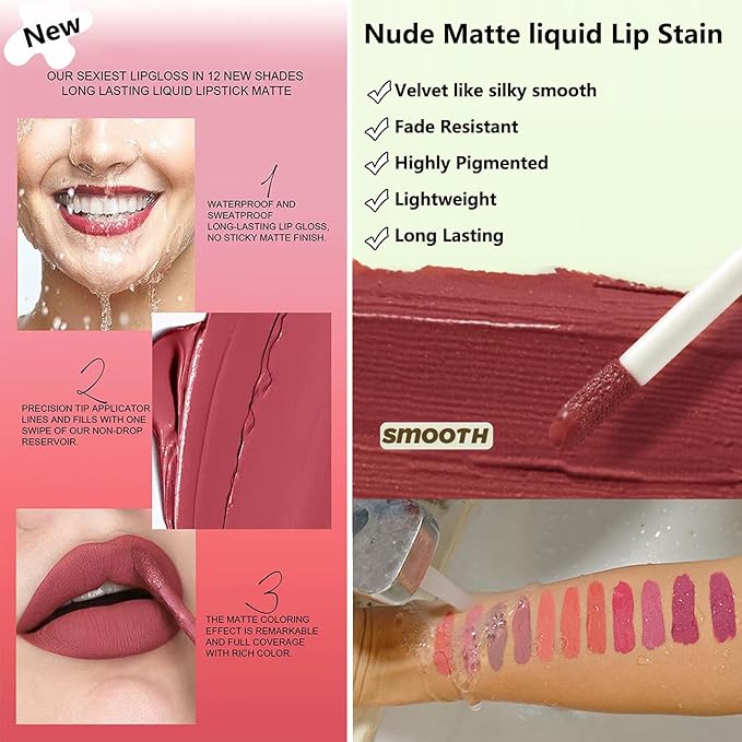4 Colors Matte Lip Stain Liquid Lipstick For Women Teens Makeup Set Long Lasting Waterproof lip liner stain Fade Resistant Highly Pigmented Lightweight Portable Vegan Lip Stick matte Set C