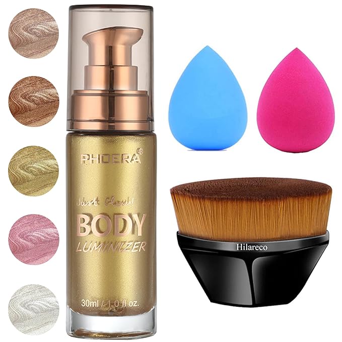 PHOERA Body Shimmer Oil,Bronzer Body Glow Oil Shimmer Highlighter Luminizer with Makup Bursh,Self Tanning Lotion,1oz/Jars (102 Metallic Gold)