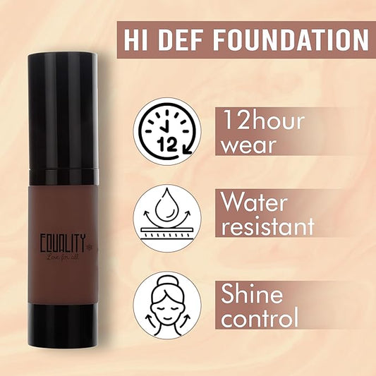 EQUALITY HI-DEF Foundation, Water resistant, Medium to Full coverage, Dewy finish non-matt, 12 hour wear Shine control, Cruelty Free, Paraben Free, 18ml/0.61 US Fl Oz - N10