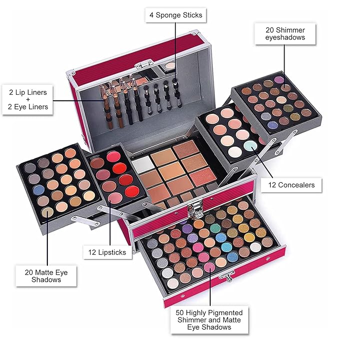 132 Color All In One Makeup Kit for Women & Girls, Professional Full Set Including Eyeshadow, Lipstick, Concealer, Lip Gloss, Eyeliner, Mascara, Makeup Brushes (006N1-Pink)