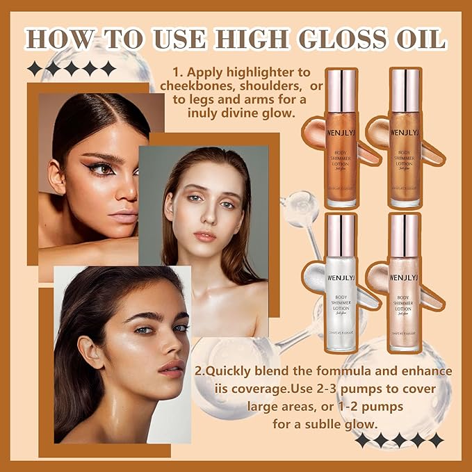 Body Shimmer Oil Set,Waterproof Body Glitter Oil for Face & Body,High Glossy Long Lasting Moisturizing Body Luminizer Glow,Multi-purpose Body Glitter Oil Liquid Illuminator Highlighter(4 Pcs)