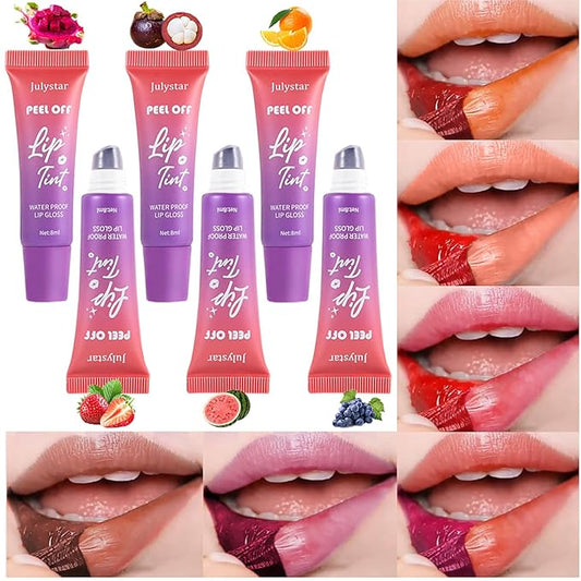 6 PCS Lip Stain Peel Off, Fruity Flavour Tinted Lip Gloss Lip Tint, Long Lasting Non-Stick Cup Tattoo Color Lipstick Set, Transfer Proof, Matte Finish, Lip Makeup for Women & Girls