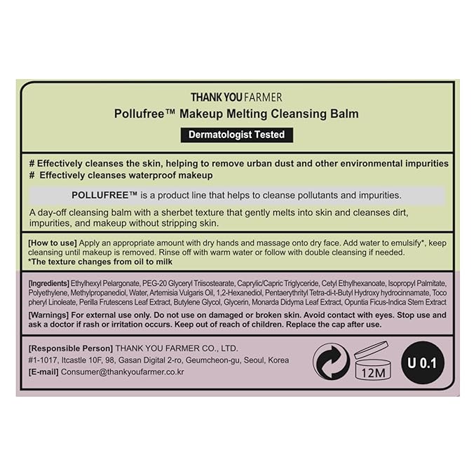 THANKYOU FARMER Pollufree Makeup Melting Cleansing Balm 3.16 Fl Oz (90ml) - Waterproof Makeup Remover, Patented Korean Herb Extract, Korean Cleansing Balm Makeup Remover, Oil Based Cleanser