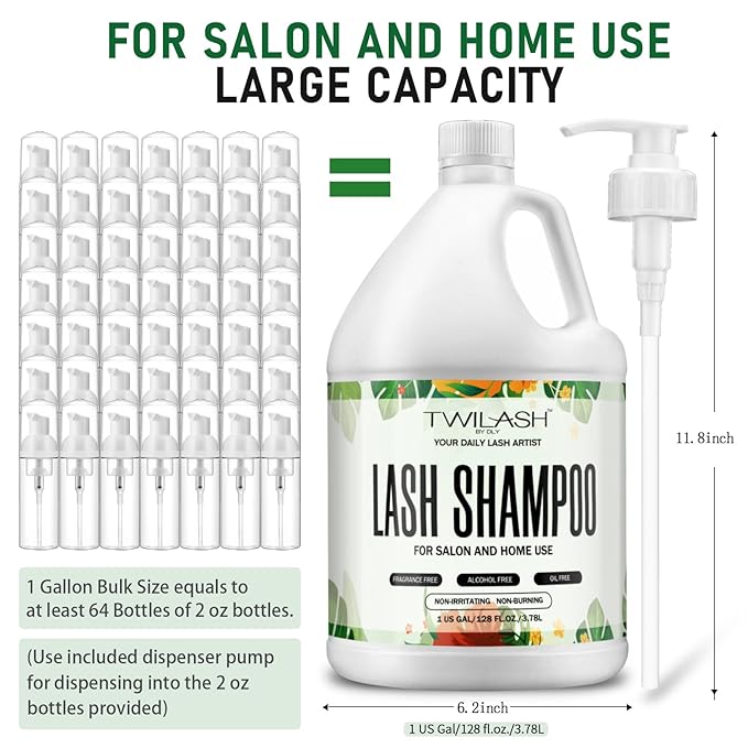 Lash Shampoo Bulk, Eyelash Cleanser for Extensions 1 Gallon / 3.8L - Includes 50 Aftercare Kits, 5 Foam Pump Bottles, Dispenser Pump - Eyelid Foaming Cleanser for Professional Salon and Home Use