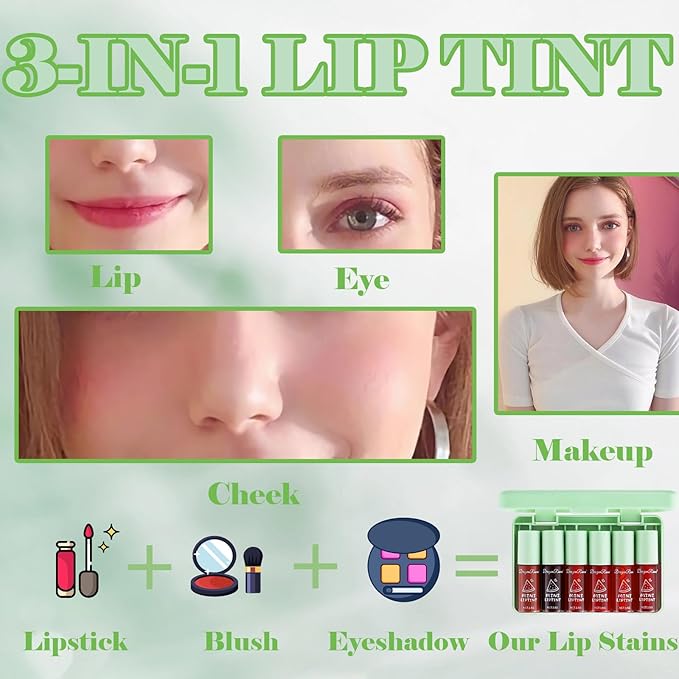 6 Colors Lip Tint Stain Set, Plumping Mini Liquid Lipstick, Watery Lip Gloss Moisturizing Tinted Lip Balm, Multi-Use Lip and Cheek Tint, Long lasting Non-Stick Cup Waterproof Lip Stain