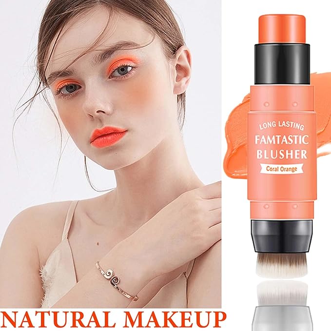 Cream Blush Stick,Blush Stick for Cheeks with Contour Brush,3-in-1 Long Lasting Waterproof Blush&Eye Shadow&Lip Gloss for Natural Skin Types(03 Citrus Pink)