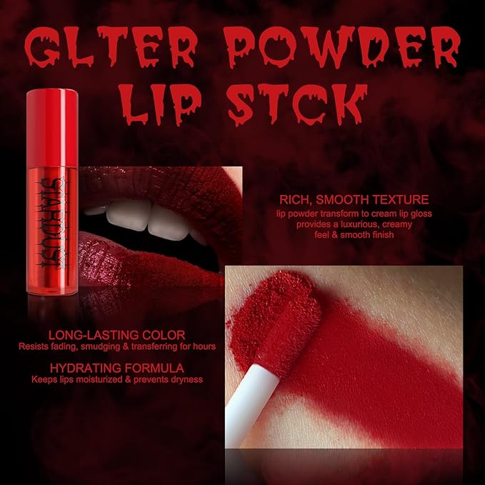 Halloween Fake Blood Vampire Accessories Blood Red Lipstick Glitter Eyeshadow Black Press On Nails for Eyes Teeth Mouth Nose Bleeds Cosplay SFX Zombie Makeup Monster Party Stage Horror Film