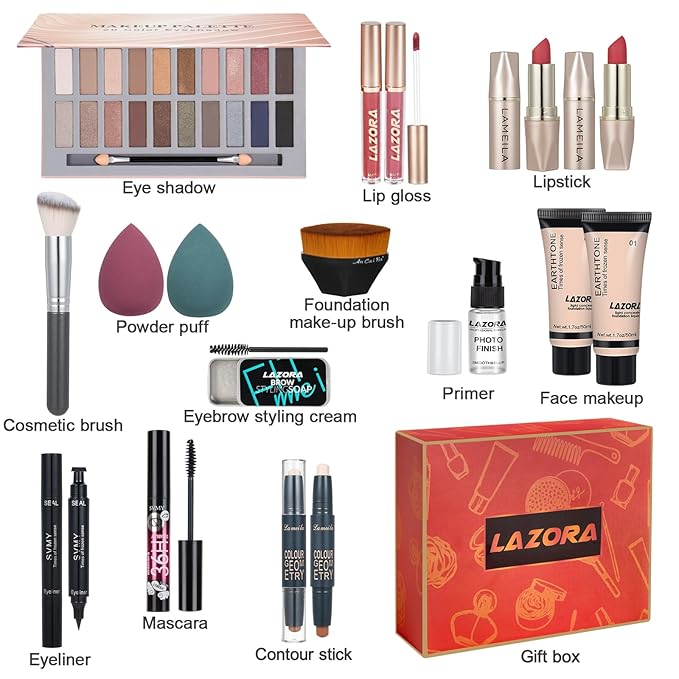 Makeup Kit for Teens for Women Full Kit Includes 20 Colors Eyeshadow Palette Foundation & Face Primer Makeup Sponge Eyebrow Soap Winged Eyeliner Stamp Gift Set
