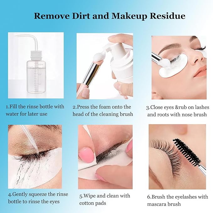 Eyelash Cleanser for Extensions, Lash Shampoo Kit with Lash Fan, 30ml Lash Shampoo,Eyelash Extension Brush and Wash Bottle for Lash Bath (Blue)