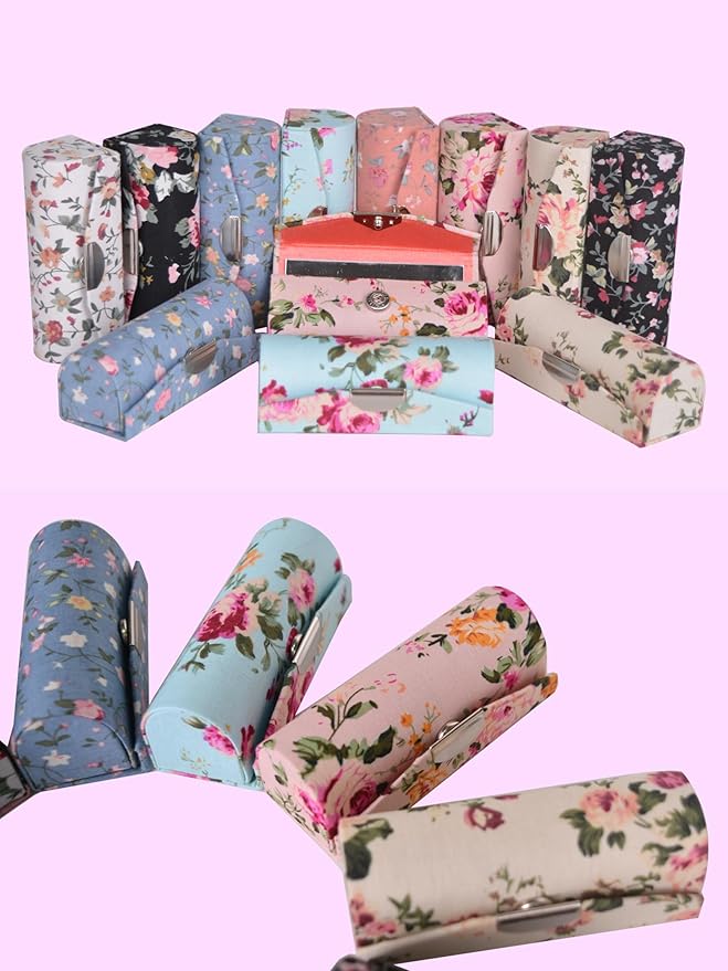 12 Pcs Lipstick Case with Mirror Floral Design Lipstick Holder Flower Printing Lip Stick Box (Pattern A)