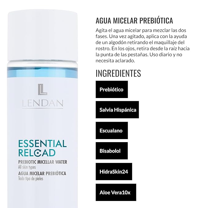 LENDAN - Micellar Water - Essential Reload Prebiotic - 200 ml - for All Skin Types - Alcohol and Paraben-Free Makeup Remover - Gentle Cleansing - with Prebiotic Ingredients