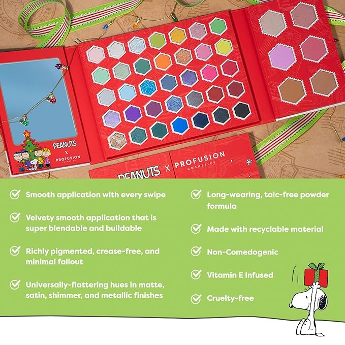 Profusion Cosmetics Peanuts Snoopy's Starlit Holiday 41 Shade Face and Eye Palette, Vitamin E Infused, Pigmented Shades for Sparkling Festive Looks