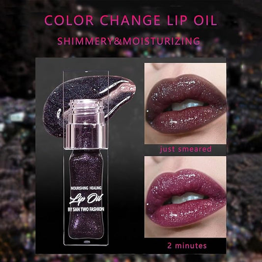 2024 New Magic Black Color Changing Lip Oil,Warm Change Glitter Lip Gloss, Color Changing Lip Oil V2, Color Changing Lip Gloss, Moisturizing Plumping Clear Lips Oil Tinted Lip Plumper Lips Care