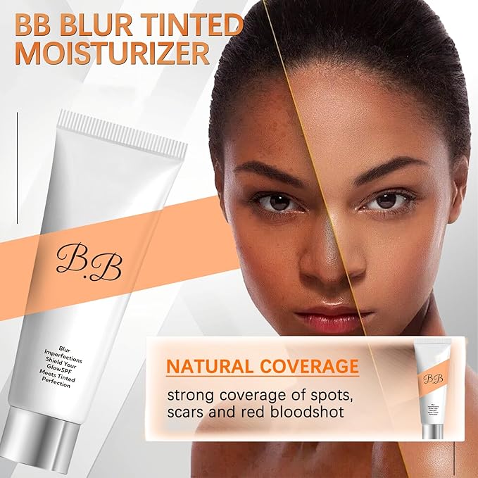 BB Blur Tinted Moisturizer SPF 30, BB Tinted Care Primerwith Brush, BB Cream Tinted Moisturizer for Woman (Light Brown, 1)