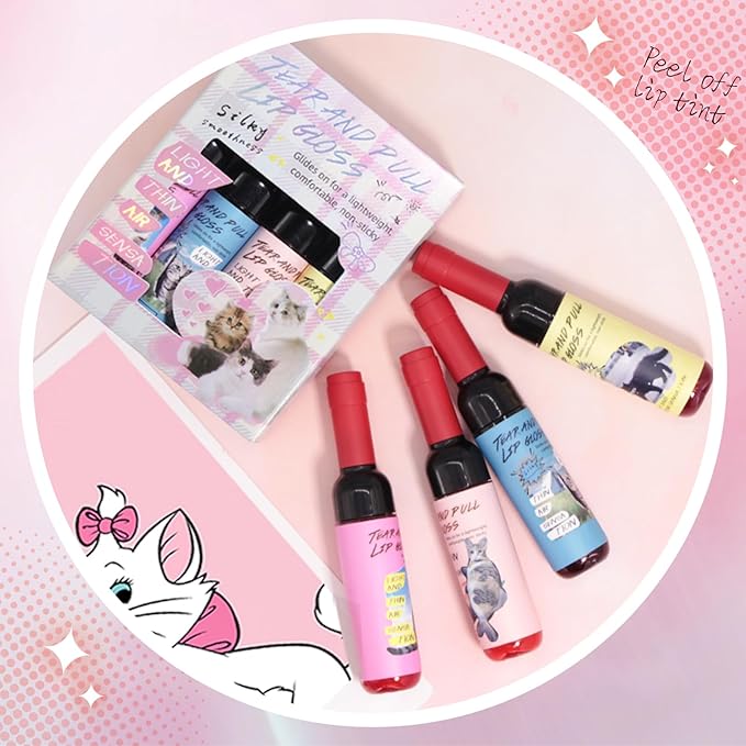 4Pcs Wine Bottle Lip Stain Peel Off, Tattoo Color Lip Liner Stain peel, High Pigment Transfer Proof Magic Lip Tint, Matte Natural Dewy Finish Waterproof Long Lasting Lipstick Makeup Gift Set