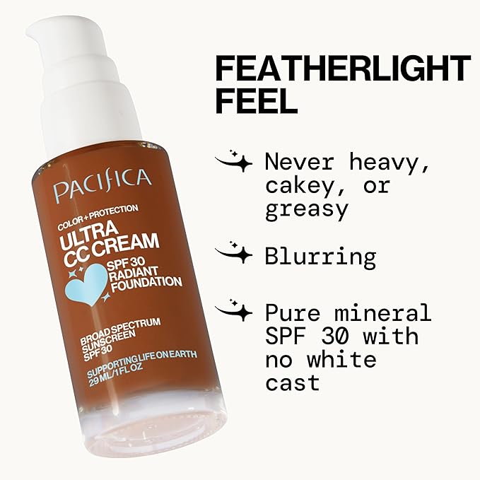 Pacifica Ultra CC Cream Radiant Foundation SPF 17 - Cool-Deep – Medium Coverage Color Correcting Cream, Dewy Finish, Mineral SPF, 1 oz