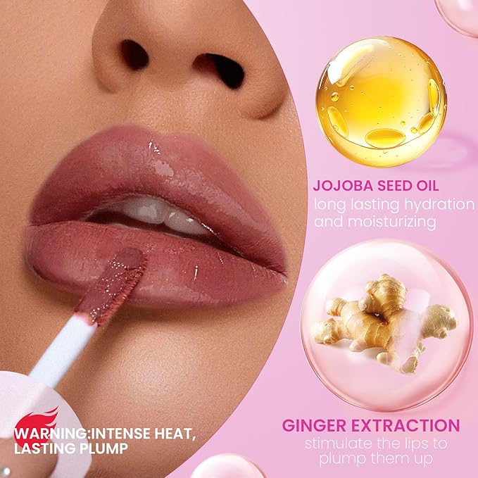 DAGEDA Lip Plumper Gloss,Glossy Liquid Lipstick with Ginger Extract,Highly Pigmented Plumping Lip Gloss,Fuller Looking Lips,Moisturizing Lip Gloss for Women,0.28oz (Pink)