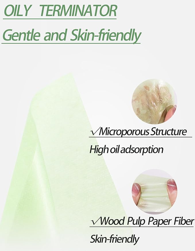Oil Blotting Paper - 300 Sheets w/Mirror, Puff & Refills, Absorbs Excess Face Oil, Controls Shine, Gentle for Makeup Use.