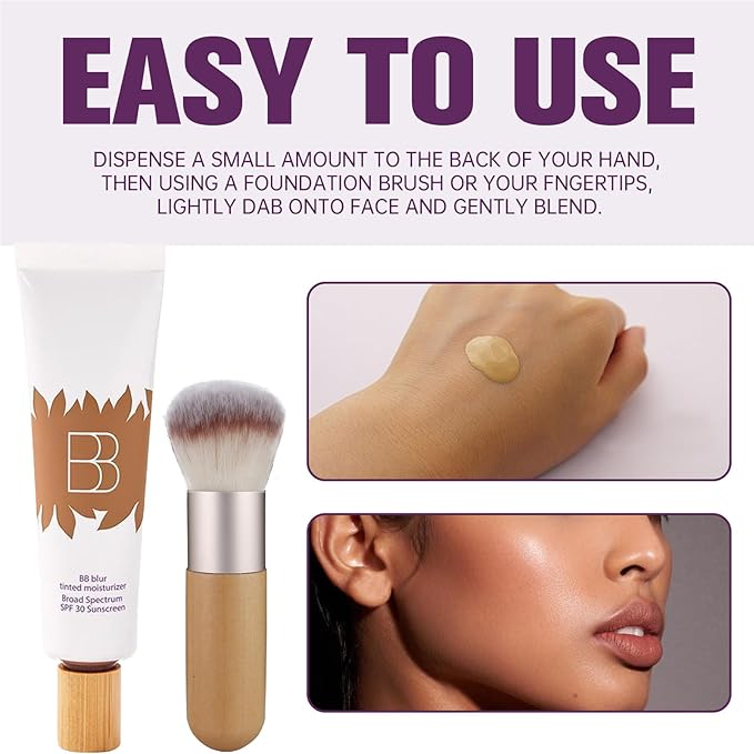 2PCS Bb Cream Tinted Moisturizer With Spf 30, Bb Cream Foundation For Tinted Moisturizer, Smooth & Hydrated, Full Coverage, Broad Sunscreen Spf 30, Bb Tinted Care Primer With Brush (Natural, 2PCS)