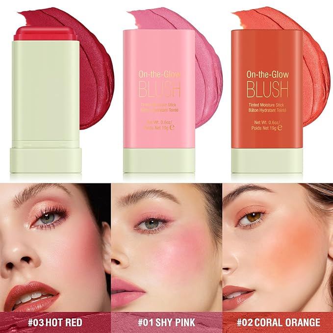 On The Glow Blush Stick Tinted Moisture Hydratant Teinte 2 in 1 Waterproof Hydrating Makeup Solid Nature Smooth Blended Matte Ginseng Finish Boomstick for Cheek Eyes and Lips Set of 3