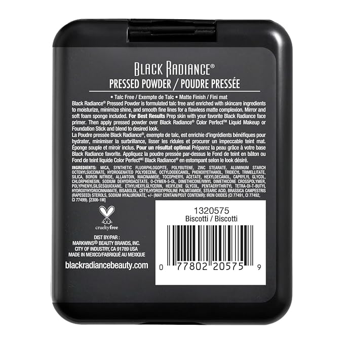 Black Radiance Pressed Powder, Buildable & Blendable Matte Finish Shine Control Compact with Mirror & Applicator, Cruelty-Free & Vegan - Biscotti