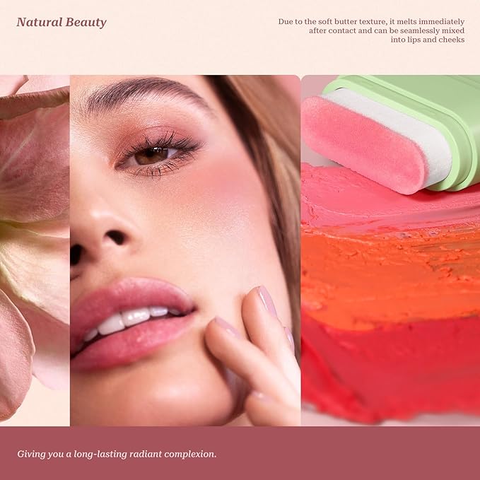 Blush Stick for Cheeks and Lips with Built-In Blending Sponge, On-the-Go Glow Blush, Hydrating Solid Cheek Tint, Multi-use Blush Makeup Stick, Tinted Moisture Sticks (Color:03#Shy Pink)