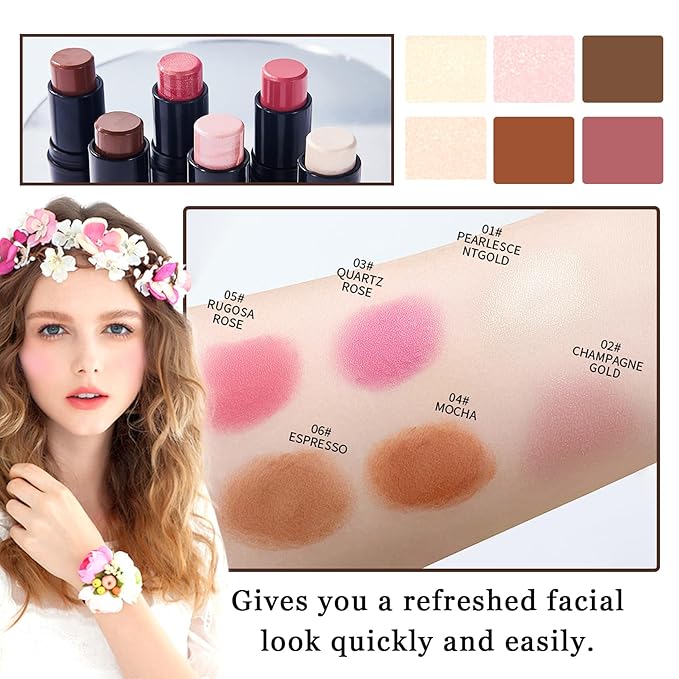 6PCS Cream Blush Sticks,Multi-Use Sticks for Blush,Highlighter & Bronzer Contour,Natural Matte & Glitter Finishing Contour Stick,Waterproofing Face Makeup Stick Set with Makeup Sponge