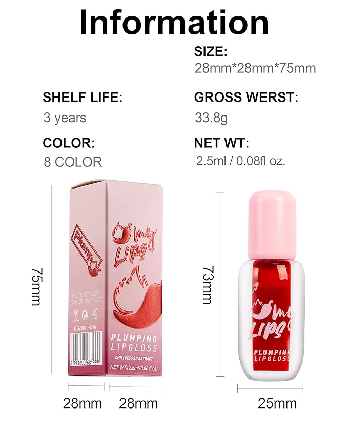 Plumping Lip Gloss With Chili Extract, Fuller Lips Instantly! Ultra-Hydrating & Nourishing, Volumizes, High-Shine, Lip Plumping Lip Tint Lipstikc, and Define Your Lips Naturally (B, 03)