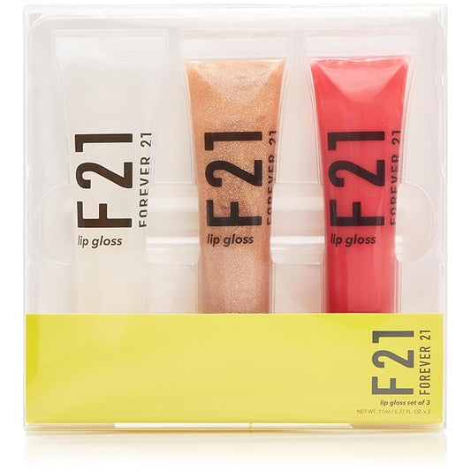 Forever 21 - F21 - Beauty Lip Gloss Set, Pack of 3 Tubes, Clear and Tinted Shades, Hydrating, Plumping, Non-Sticky Formula for Glossy Shine, Clearly/Angelic/Cherry