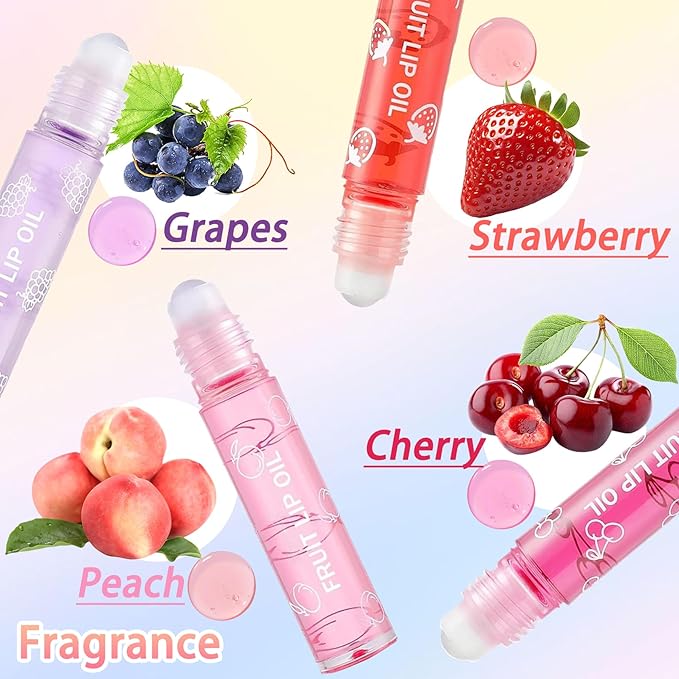 4PCS Roll On Lip Oil Set, Moisturizing Transparent Lip Glow Oil, Fruit Flavored Hydrating Roll On Plumping Lip Gloss Glossy Set, Long Lasting Non-sticky Shiny Lip Oil Makeup Gift Kit