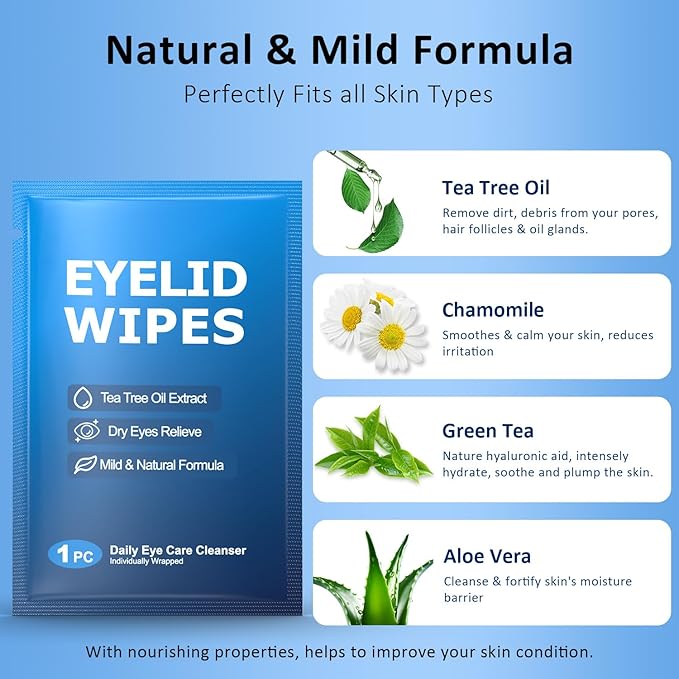 30PCS Eyelid & Lash Wipes for Itchy & Dry Eyes, Tea Tree Oil Eyelid Wipes for Styes & Blepharitis, Daily Eye Cleansing Wipes, Hypoallergenic & Soothing For Sensitive Eyes, Stay Hydrated Lid Wipes