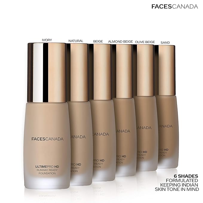 Faces Canada HD Runway Ready Foundation, Red Orange Extract & Gold particles, High Coverage, Oil-Free, Flawless Radiance, Vegan & Cruelty Free, Paraben Free, Almond Beige 06 (Beige), 1.01 Fl Oz