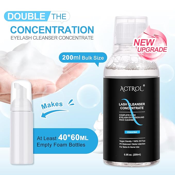 Eyelash Cleanser Concentrate 200ml Unscented Professional Lash Shampoo Foaming Cleanser Lash Wash Concentrate for Extensions Lashes with Salon Home Care-Makes 40 Bottles