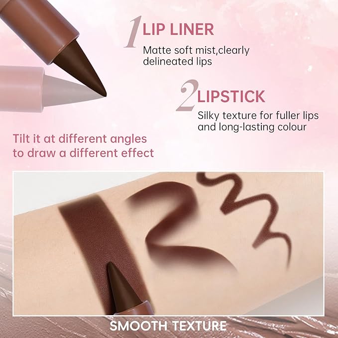 Glitter 2 in 1 Lip Liner and Chameleon Lip Gloss Combo, Gradient Dark Brown Lipstick Plumping Lip Pencil Sparkly Liquid Lip Stain Set, Moisturizing Smooth High Shine Lip Combo Lip Makeup