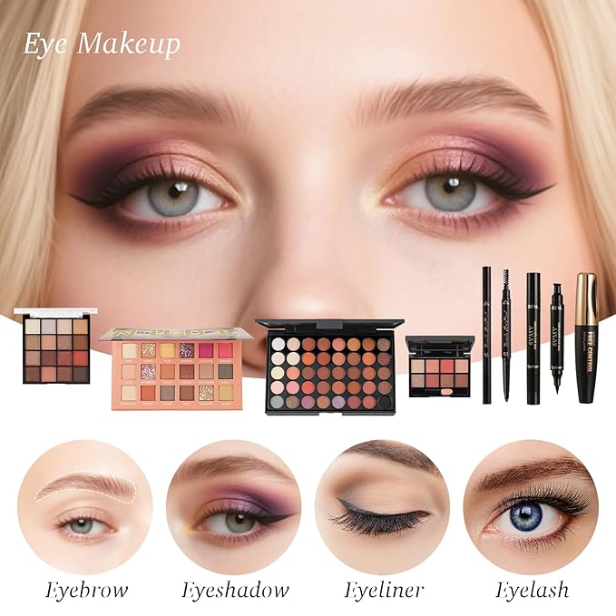 All in One Makeup Kit for Women Full Kit,Makeup Set for Women, Includes Eyeshadow Palette/Foundation/Lipstick/Eyeliner/Mascara/makeup Brush,Makeup Gift Set for Halloween & Birthday&Holiday&Everyday.