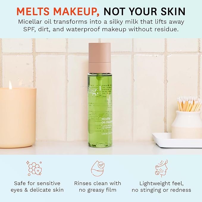 Fig.1 Hydrating Oil Cleanser for Face – Micellar Makeup Remover with Grapeseed & Squalane, Deep Cleansing Oil-Based Formula, Non-Stripping & Refillable, 3.4 oz