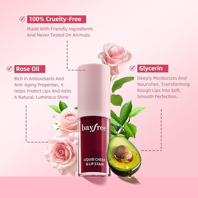 Liquid Cheek & Lip Stain, Korean Lip Tint with Moisturizing & Weightless, Non-Sticky, Long-Lasting, Kiss-proof, All Long-wearing, Vegan Makeup (Rose Cherry)
