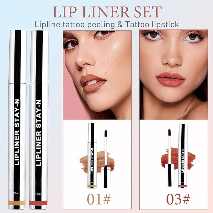 Lip Liner Stain Peel Off,Long Lasting Lip Stain Peel Off Waterproof Lip Tint Stain Non-Stick Cup Natural Lip Makeup (01#Nude+03#Rose)