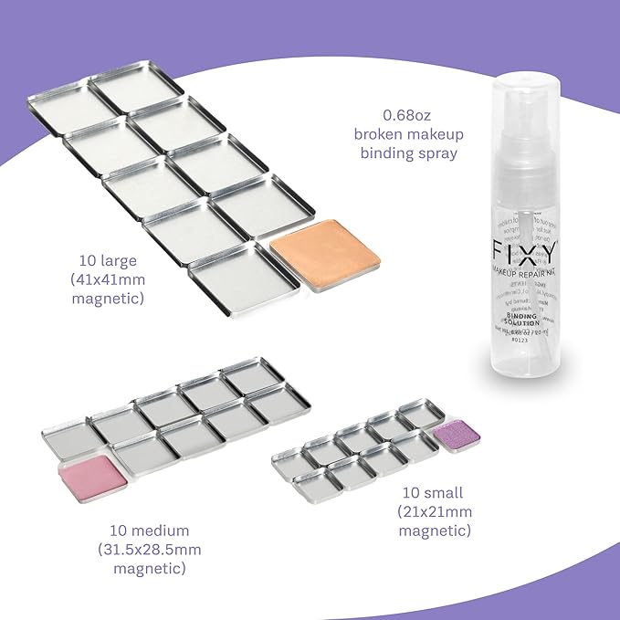 FIXY Ultimate Makeup Refill Kit: Includes 30 Square Empty Magnetic Pans & a Powder Binder Spray | Repurpose your Eyeshadow, Blush, Bronzer, Highlighter & More | Vegan & Cruelty-Free