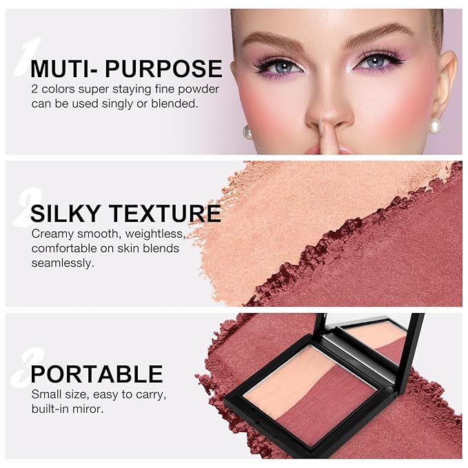 Boobeen Blush Contour Highlighter Makeup Palette, 2 Color Shimmer Smooth Powder Palette for Blush, Highlighting, Contouring the Face, Blendable Compact Highlight Contour Set