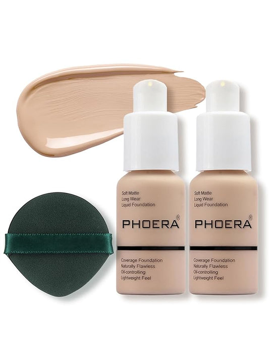 PHOERA Foundation Makeup, Flawless Soft Matte Oil Control Liquid Foundation, Full Coverage Mattle Oil-Control Concealer for Older Women, Great Choice For Gift (#102 Nude(2pcs))