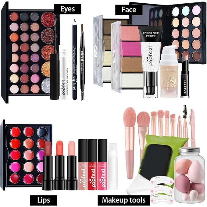 All in One Makeup Kit for Women Full Kit Girls Makeup Gift Sets Xmas Essential Bundle Include Eyeshadow Palette Lipstick Blush Concealer Eyeliner Mascara Foundation Brush Eyebrow Pencil