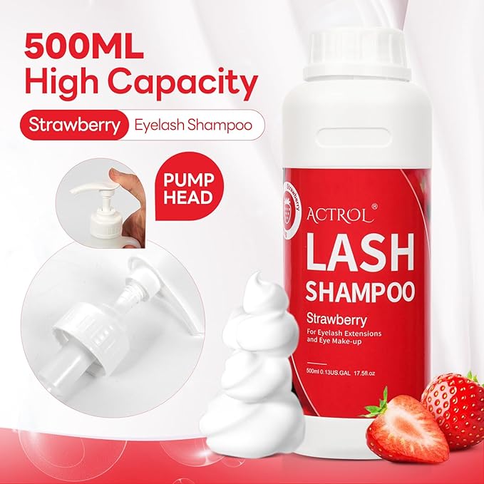 Eyelash Extension Cleanser 500ml Strawberry Natural Lash Extension Shampoo Professional Eyelid Foaming Cleanser Paraben & Sulfate Free Non-lrritating with Salon and Home Care