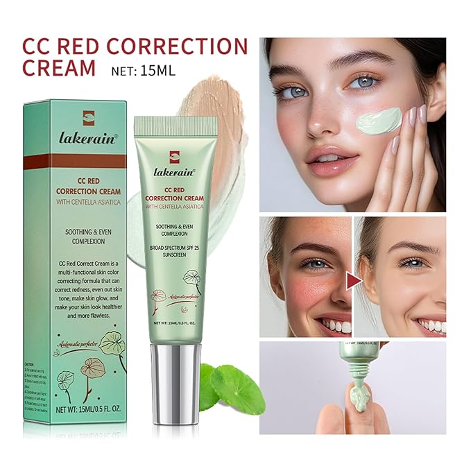 CC Red Correction Cream With Centella - Color Correcting Formula for Blemishes, Red Skin, & Acne Marks - Lightweight, Non-Greasy - Hydration Skin and SPF Protection (Green)