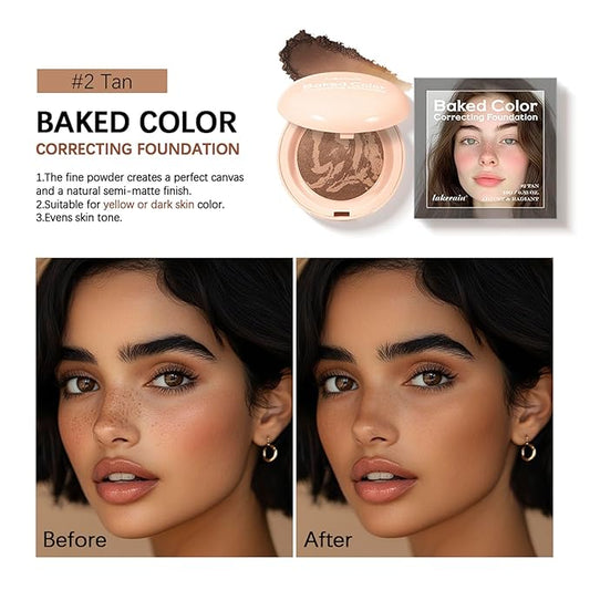 Baked Color Correcting Foundation – Lightweight Airy Finish Powder Makeup with Mirror, Subtle Glow, Oil Control, Long Lasting – Fine Texture for Smooth Light to Medium Coverage (#2 Tan)