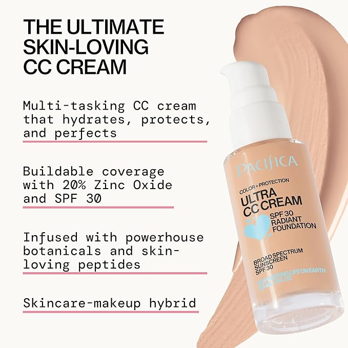 Pacifica Ultra CC Cream Radiant Foundation SPF 17 - Warm-Light – Medium Coverage Color Correcting Cream, Dewy Finish, Mineral SPF, 1 oz