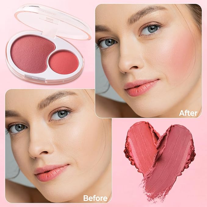 UCANBE Cream Dual Blush for Cheeks: Lightweight Buildable Blush Palette - Smooth Natural Blendable Makeup Blush - Long-lasting All-day Face Blush Contour Palette (02#Almond)