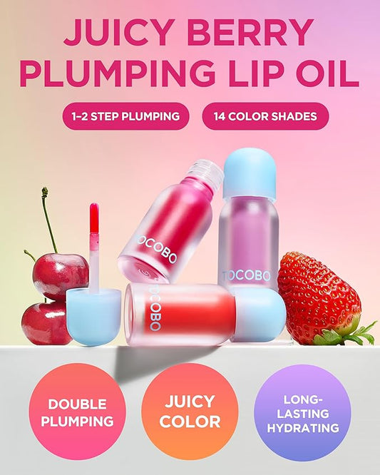 TOCOBO Juicy Berry Plumping Lip Oil 17 Berry Milk – Korean Vegan Hydrating Lip Oil with Plant Oils for High Shine Gloss - Non Sticky Formula for All Skin Tones, 0.12 fl.oz.